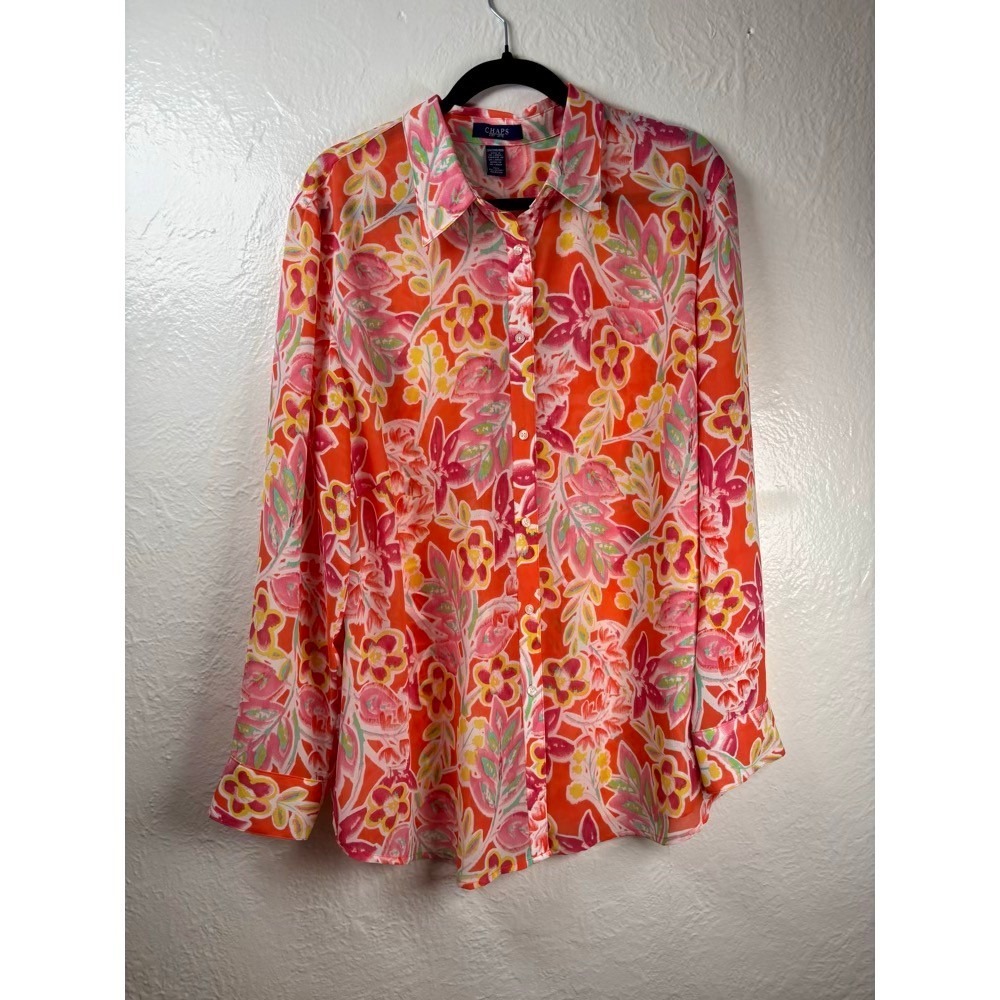 Button Down Shirt Womens 2X Orange Floral  Long Sleeve Tropical Bright Resort